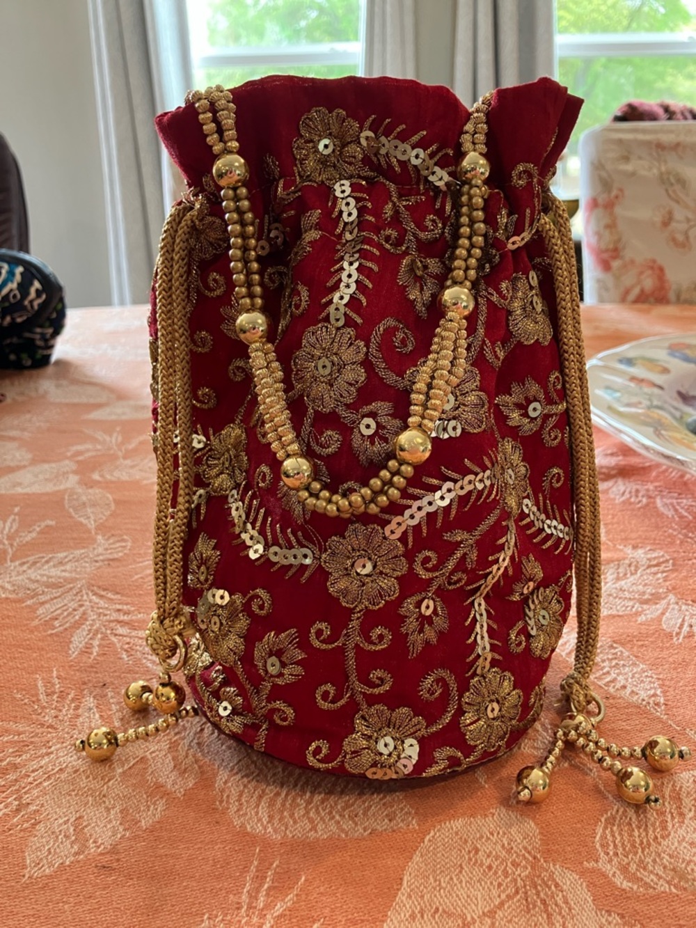 Embellished Red Velvet Drawstring Potli Bag